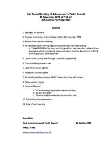  - Full Council Meeting 01 November 2022